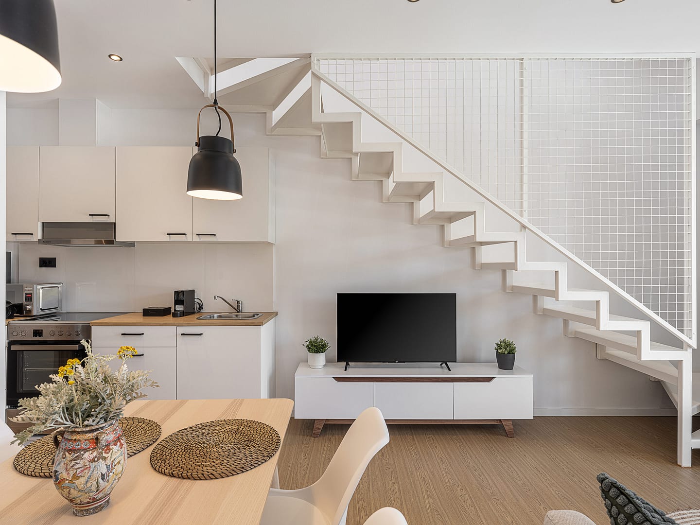 Living room and kitchen.